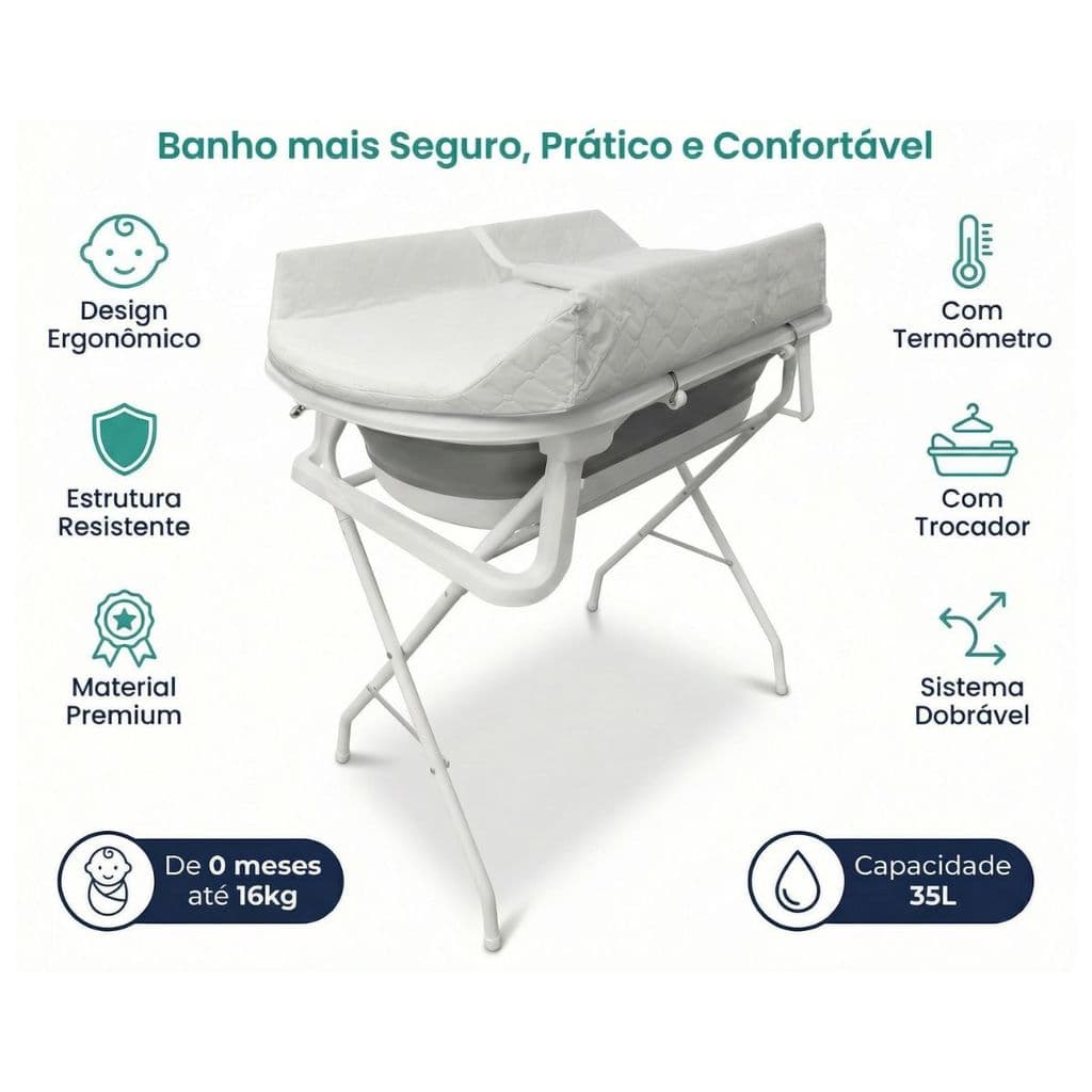 Banheira para Bebe com Trocador Suporte Dobrável e Termometro
