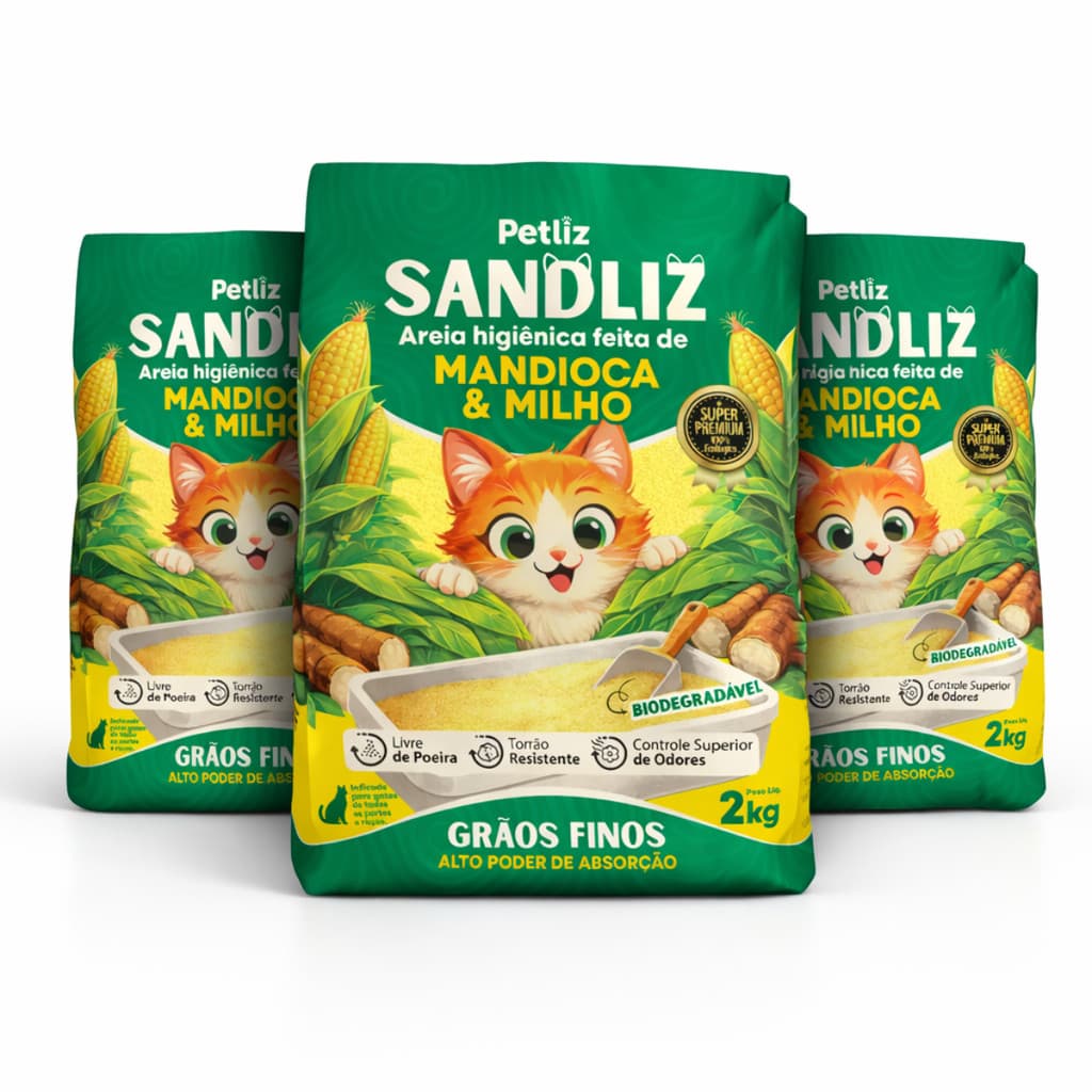 Kit 3 Areia Sanitária Higiênica Natural Premium Fina de Milho e Mandioca Gatos Sandliz Petliz 2 kg