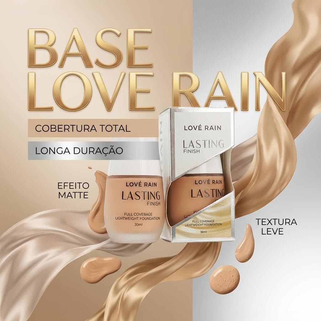 Base Líquida Lové Rain Finish Lasting Premium - Alta Cobertura, Acabamento Natural, Longa Duração, 6 Tons, Vegana, 30ml