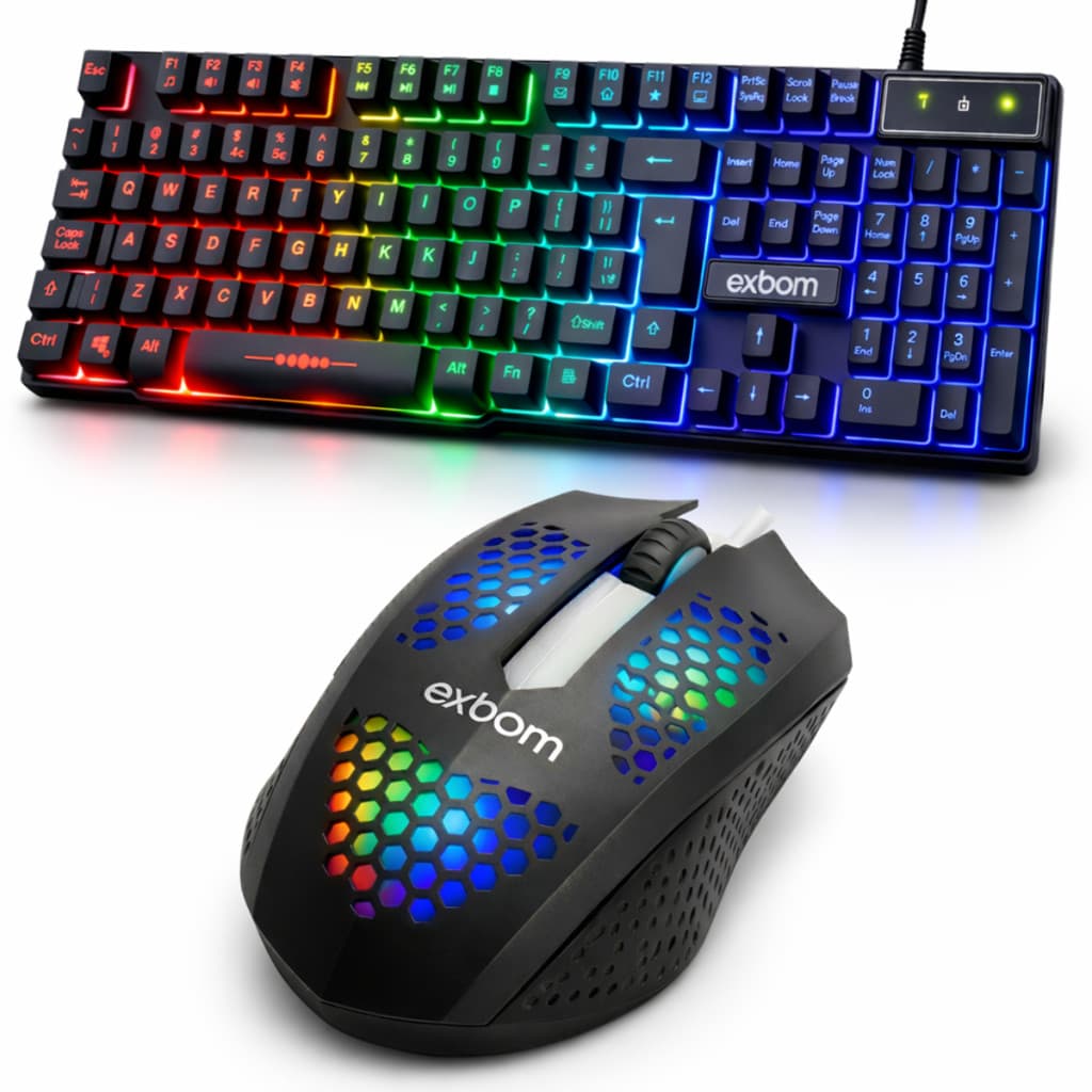 Kit Gamer Teclado Semi Mecânico ABNT2 + Mouse RGB com fio PC Notebook Exbom
