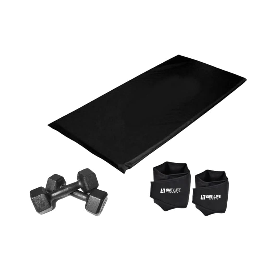 Kit Funcional Halter Sextavado 5 kg + Caneleira 4 kg + Colchonete para Treino em Casa