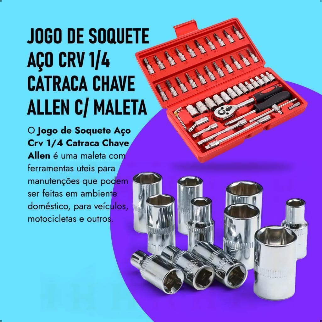 Kit De Ferramentas Profissional 46 Peças Em Aço CRV 1/4 Com Catraca, Chave Allen E Maleta - Funcional E Completo