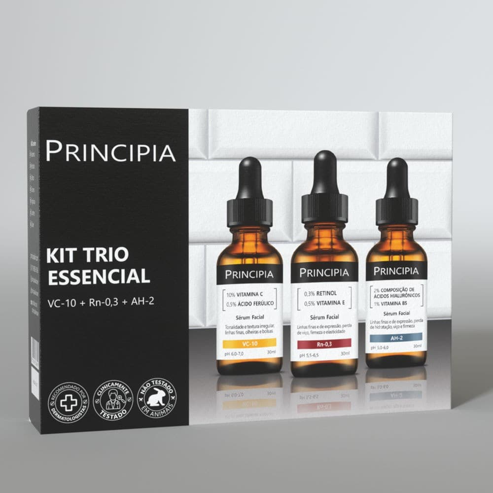 Principia Kit Trio Essencial AH-2 + VC-10 + RN-0.3 Séruns Faciais Anti-Idade e Clareador