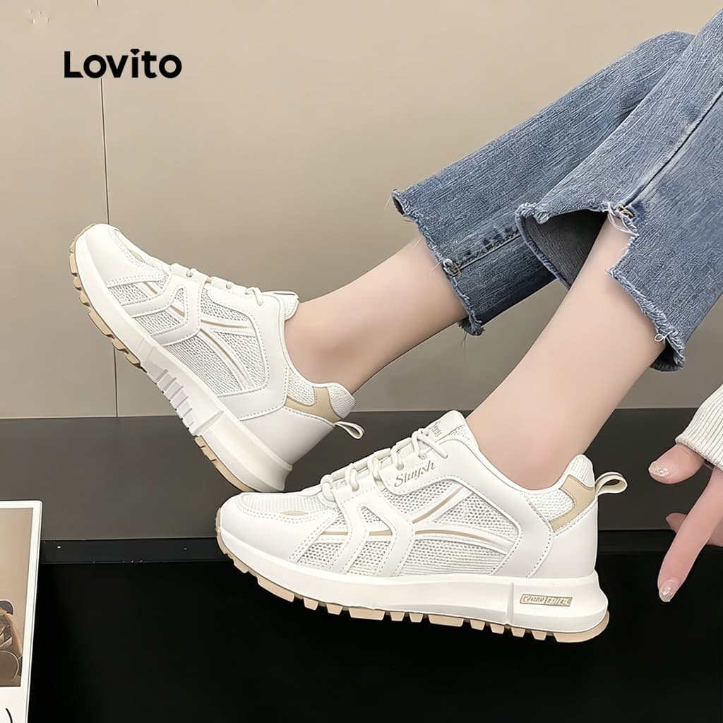 Lovito  Tênis Casual Feminino com Malha Contrastante Esportivo Respirável para Uso Ao Ar Livre Tênis Azul LFA112036