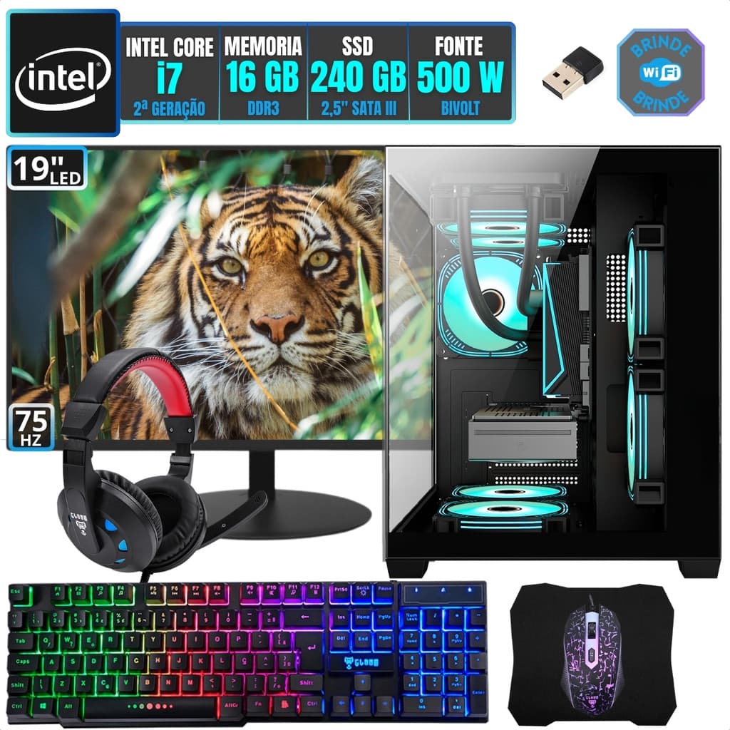 PC Gamer Computador Completo Kit Intel i7 16GB SSD 240GB Monitor 19 Gabinete Aquário + Combo Pronto