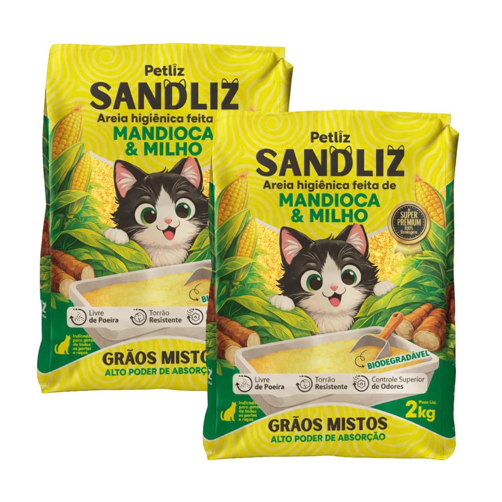 Kit 2 Areia Sanitária Higiênica Natural Premium Mista de Milho e Mandioca Gatos Sandliz Petliz 4 kg