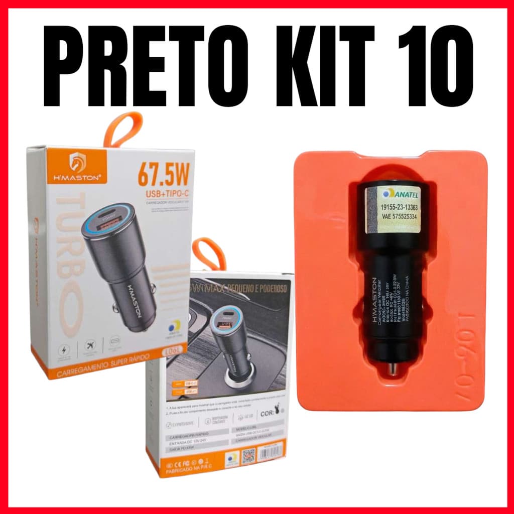 Kit 10 Carregador Veicular 67.5W Turbo TIPO C + USB Turbo Carregamento rápido/Universal H’MASTON Original