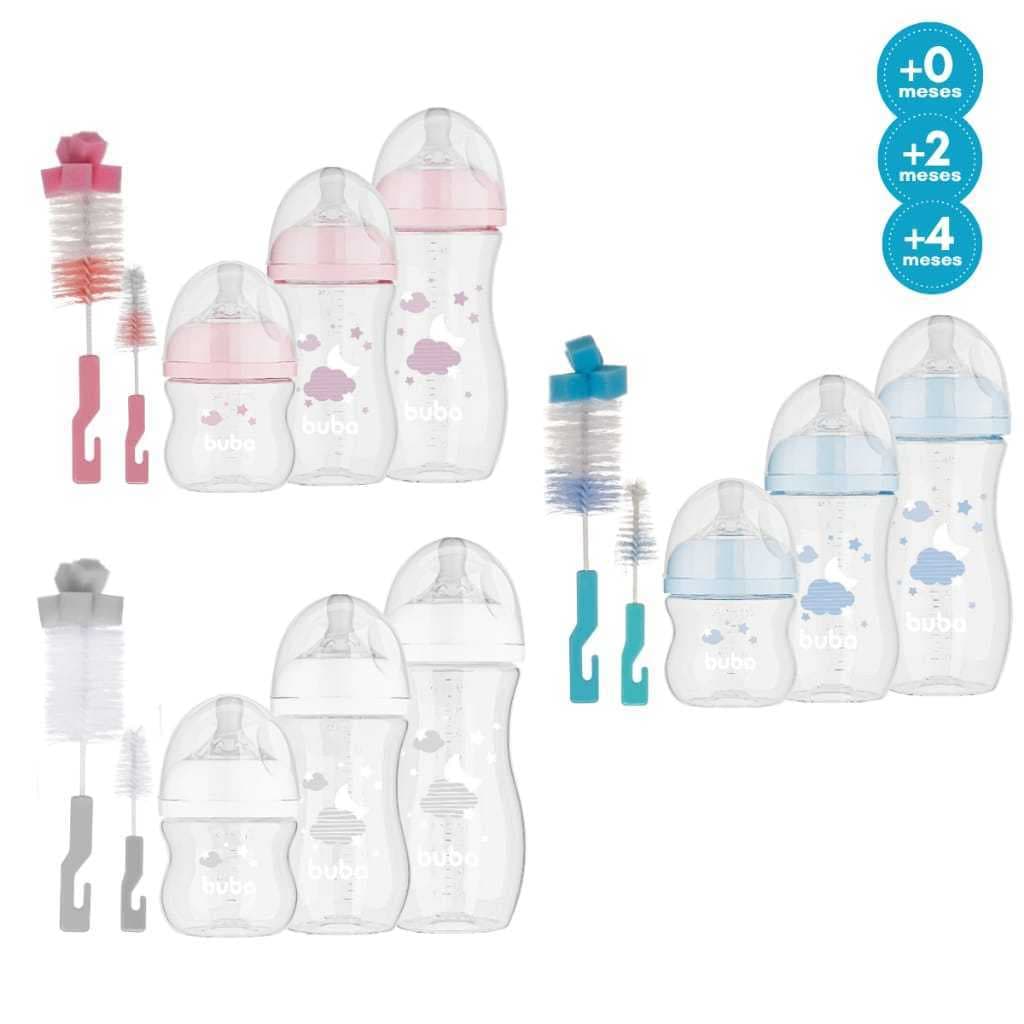 Kit 03 Mamadeira Easy Flow Buba Anticólica 120/270/330ml Rosa + Escovas de Lavar Mamadeira