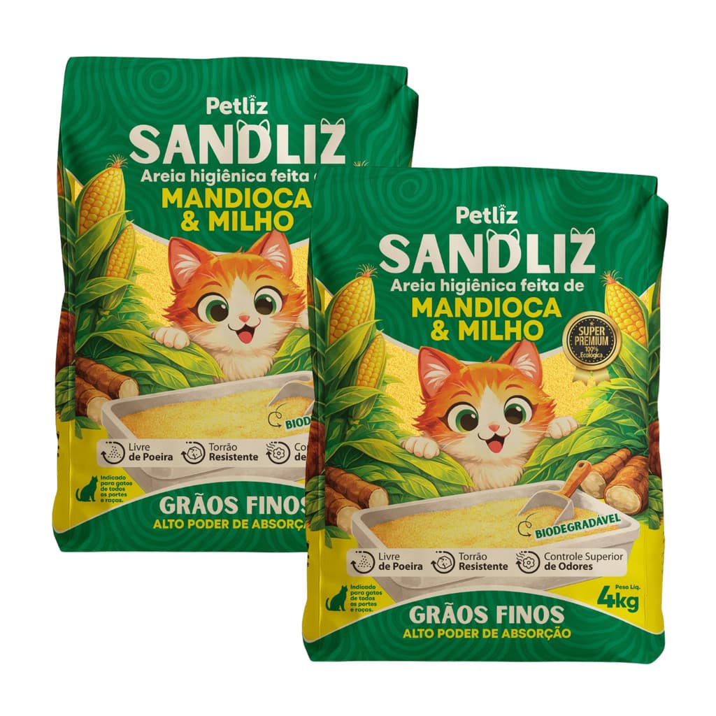 Kit 2 Areia Sanitária Higiênica Natural Premium Fina de Milho e Mandioca Gatos Sandliz Petliz 4 kg