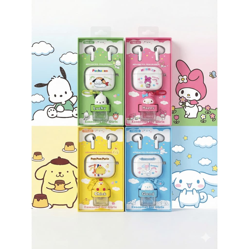 Fone de Ouvido Bluetooth TWS 5.3 Kawaii 3 em 1 com Capinha de Personagem e Pingente de Fragrância Kit Presente Menina