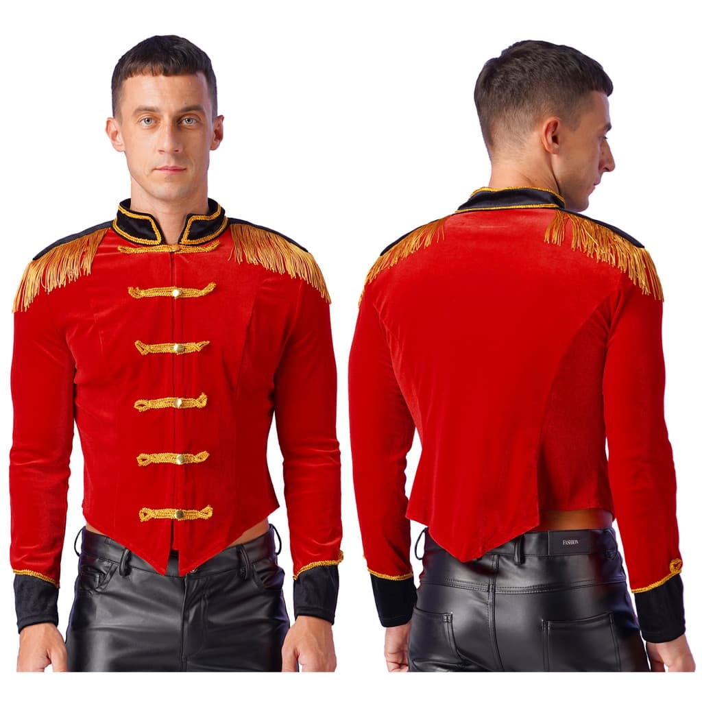 Yhong Masculino Circo Ringmaster Traje Halloween Cosplay Gola Franjas Ombro Placa Jaqueta De Veludo Casaco