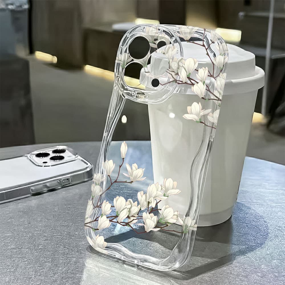 Capa Capinha Para iPhone 17 Air 16 15 14 Plus 13 12 11 Pro Max XR Transparente Silicone Flor Branca