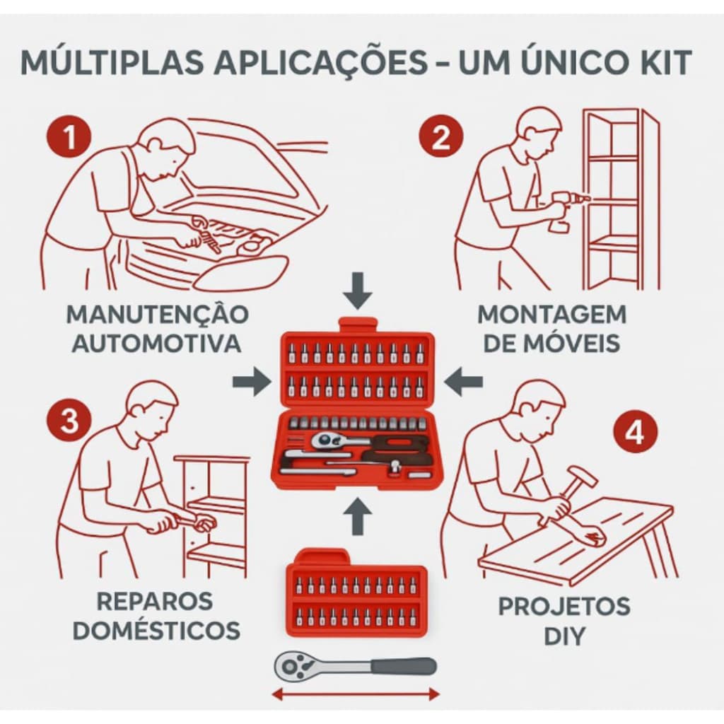 Kit de Soquetes 46 Peças Catraca Reversível e Maleta Ferramentas CompletO p/Reparos - Lion Shop