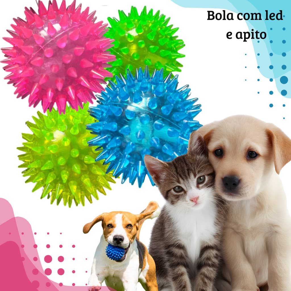 Bola Led e  Apito Interativa - Ouriço Brinquedo Cravos Cães Gato 7,5cm