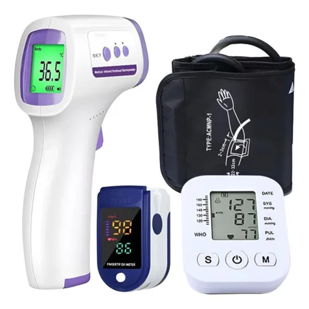 Kit 3 em 1 Nebulizador Portátil USB + Aparelho de Pressão com Voz + Termômetro Digital USB Recarregável - Completo