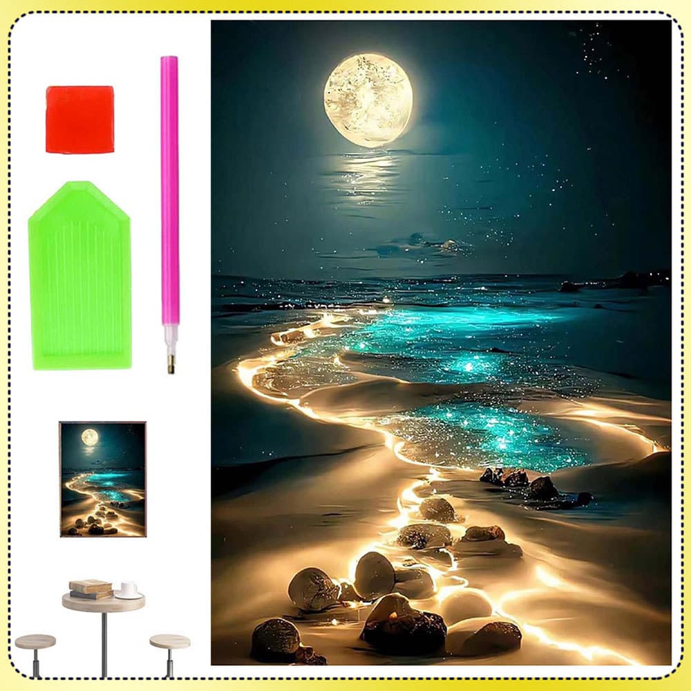 Praia ao Luar 40x30cm Pintura com Diamantes Redonda 5D Pintura com Diamantes DIY
