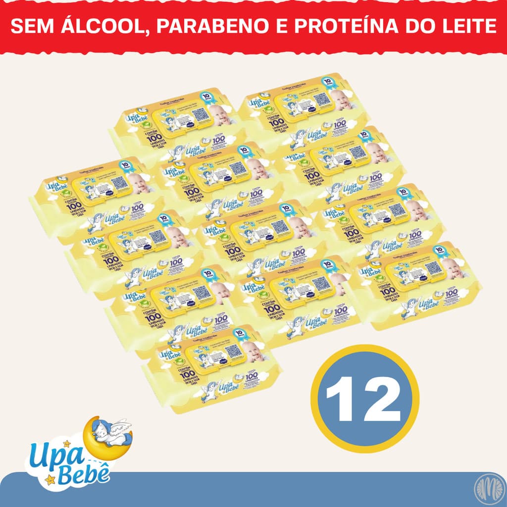 Kit 12 Pacotes Lenços Toalhas Umedecidas Upa Bebê Higiene Bebe Pacote 100 Unidades