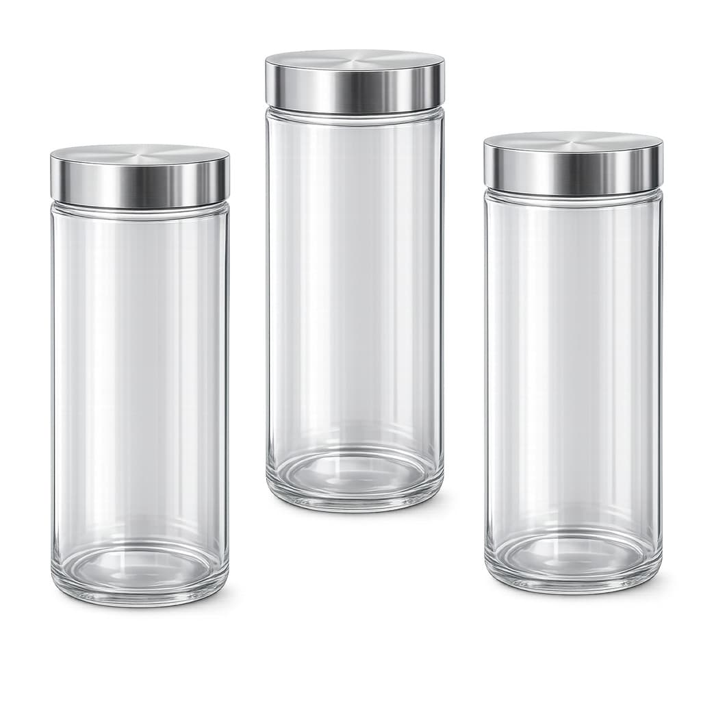 3 Pote Multiuso 2200ML Cozinha Armários Alimento Organizador Açúcar Porta Mantimento Vidro Tampa Inox