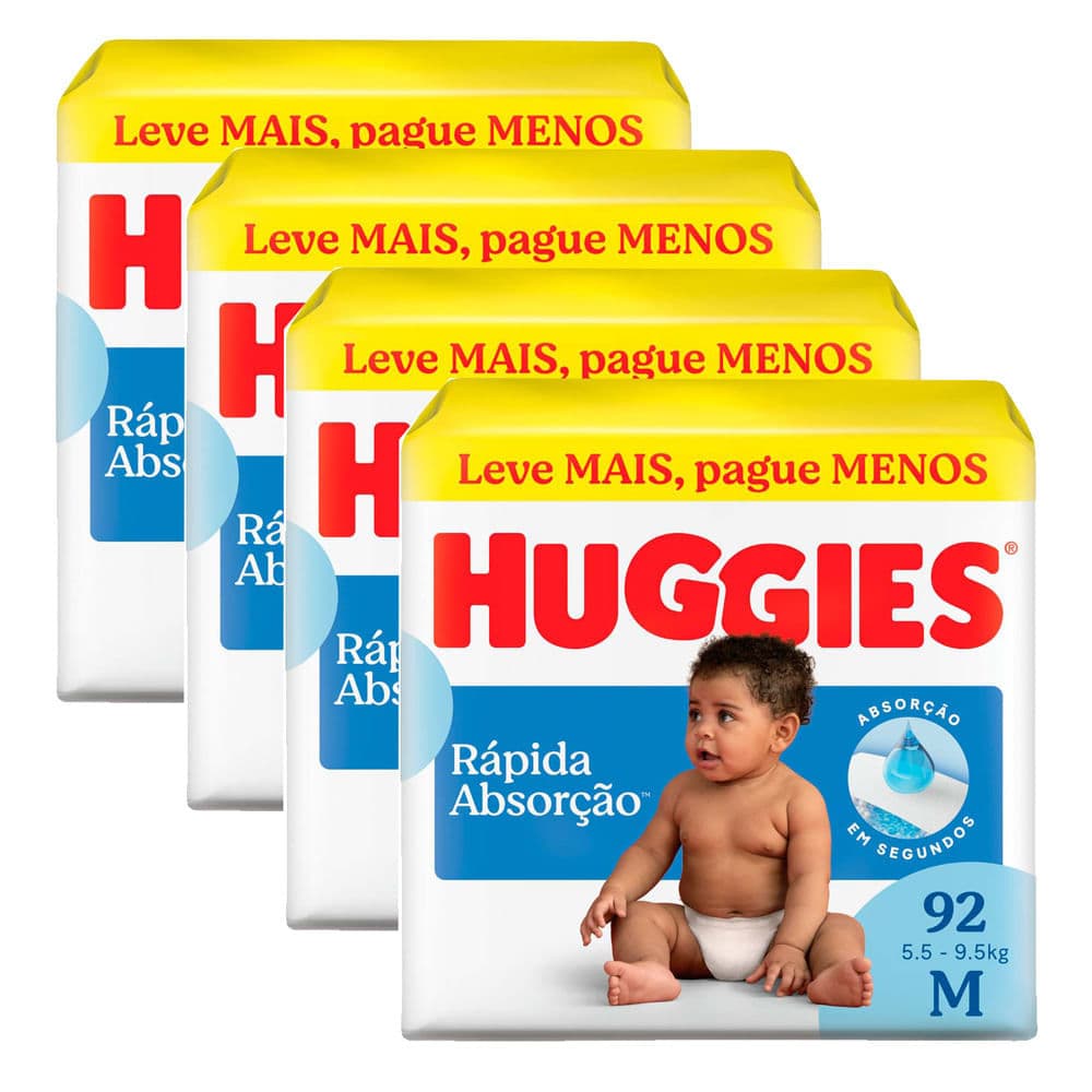Kit 4 Fralda Huggies Rápida Absorção Tamanho M Pacote Hiper 92 Unidades Descartáveis Leve Mais Por Menos