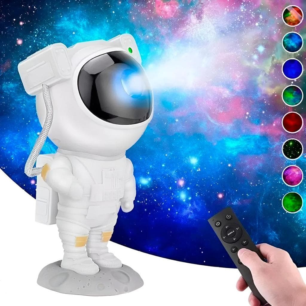 Projetor Luminária Astronauta USB Estrelado LED Decoração com Controle Remoto e Luz LED Giratória 5W para Ambientes Mági