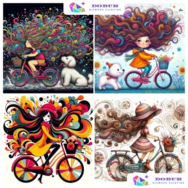 DOBUR | Conjunto De Pintura Diamante Imagem Dos Desenhos Animados De Uma Menina Andando Bicicleta 5D DIY Redondo/Quadrad