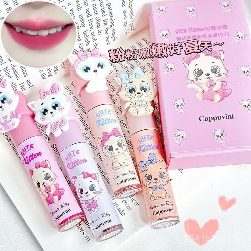 Conjunto de presente Cappuvini: batom líquido "Single Cat", creme labial "Milk Cake", gloss labial de verão, batom matte