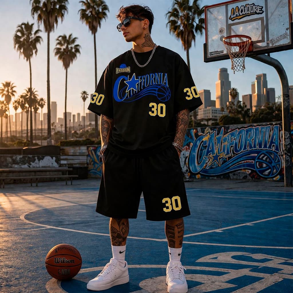 Conjunto Camiseta Algodão E Bermuda Moletom Streetwar Camisa Básica 30 California