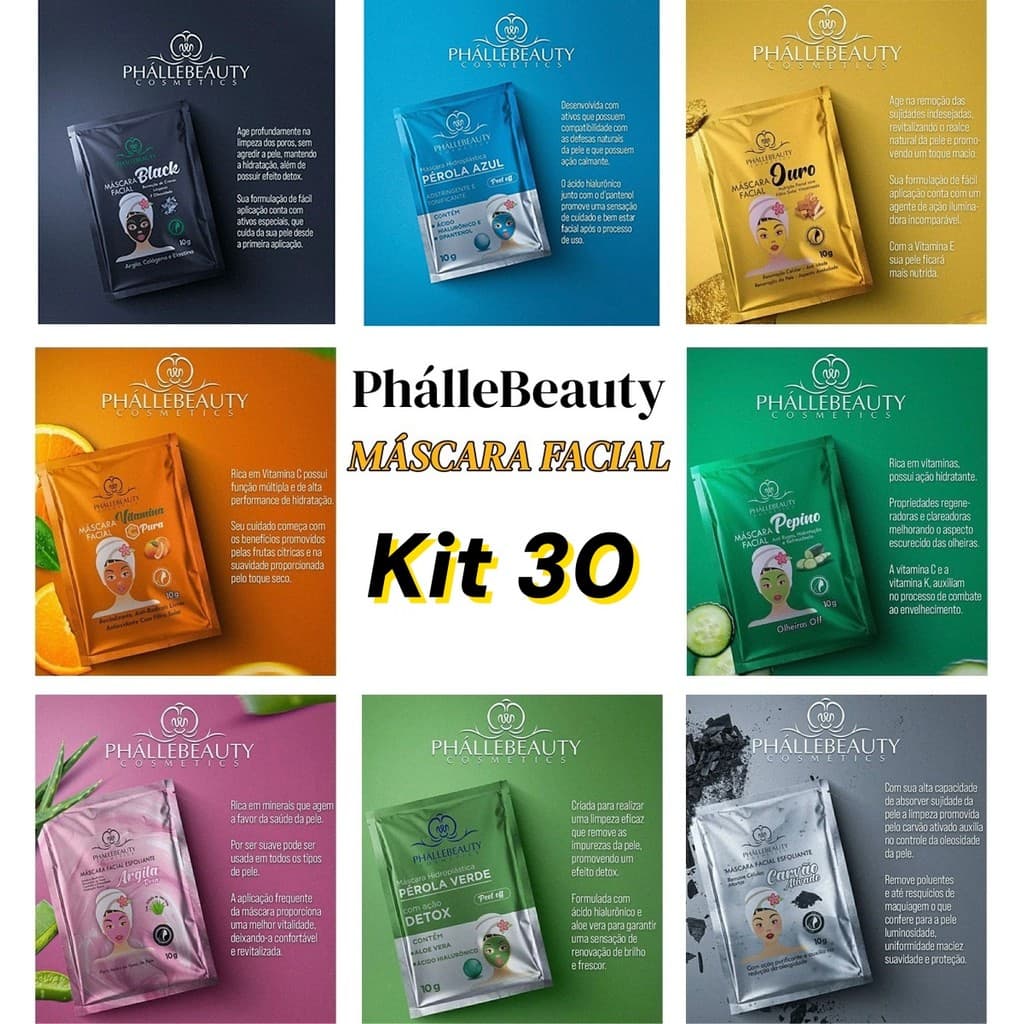 Kit Profissional 30 Máscara Facial PhálleBeauty | 8 Tipos Opcionais | Anti-Idade e Hidratação