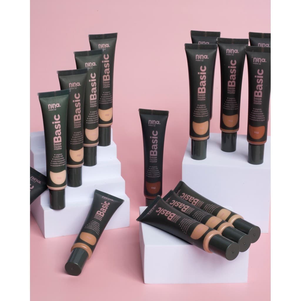 Base Líquida Basic Nina Makeup Original Rosa Mosqueta e Niacinamida Efeito Natural Hidratante 30ml