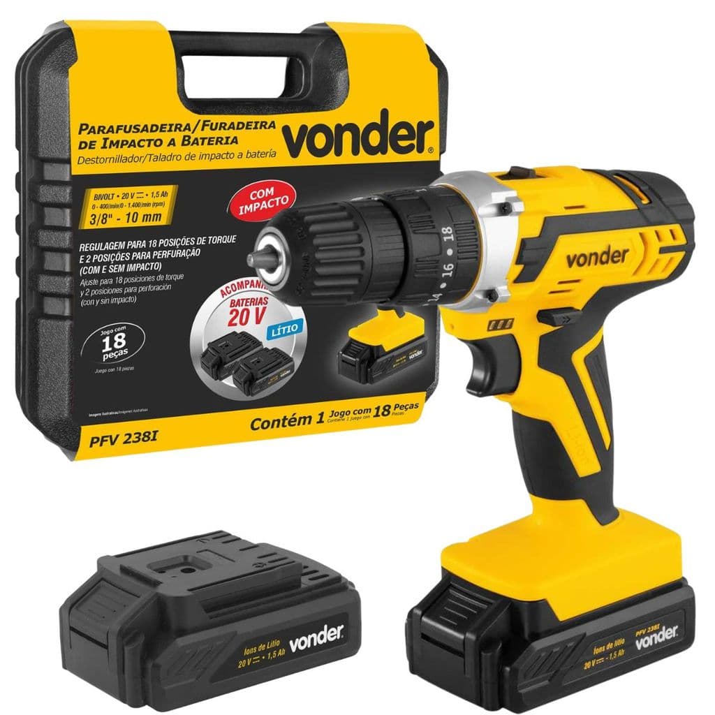 Parafusadeira Furadeira de Impacto 2 Baterias 20V e Maleta Fonte Carregamento Bivolt PFV238I Vonder