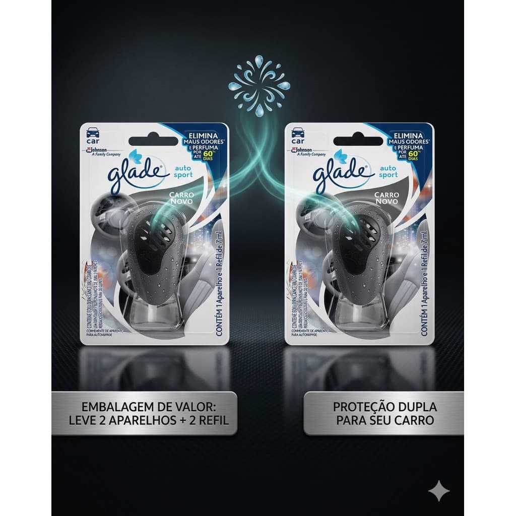 Kit 2 Glade Desodorizador Auto Sport Aparelho e Refil Carro Novo 7ml