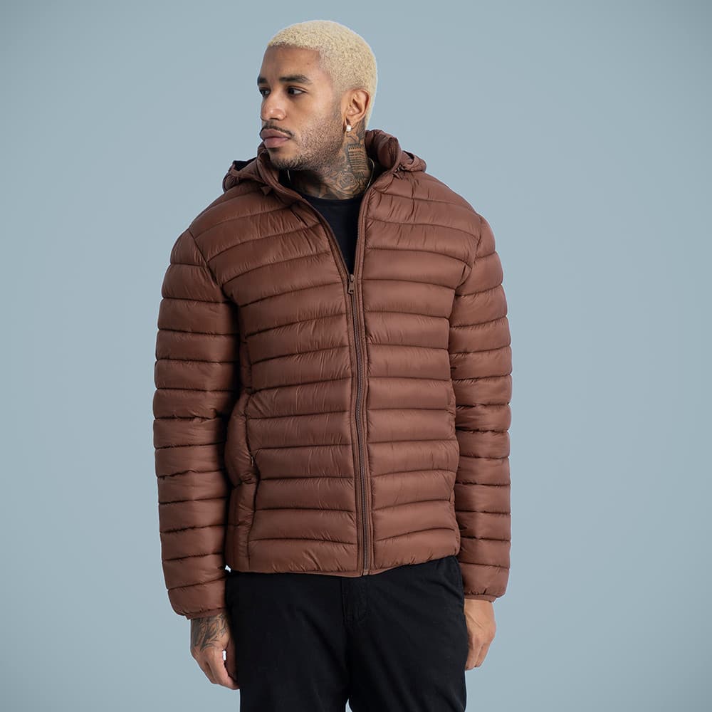 Jaqueta Puffer Bobojaco Masculina Com Capuz Removível Marrom