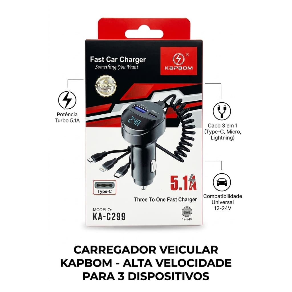 Carregador Veicular Turbo 5.1A 3 em 1 com Display Digital