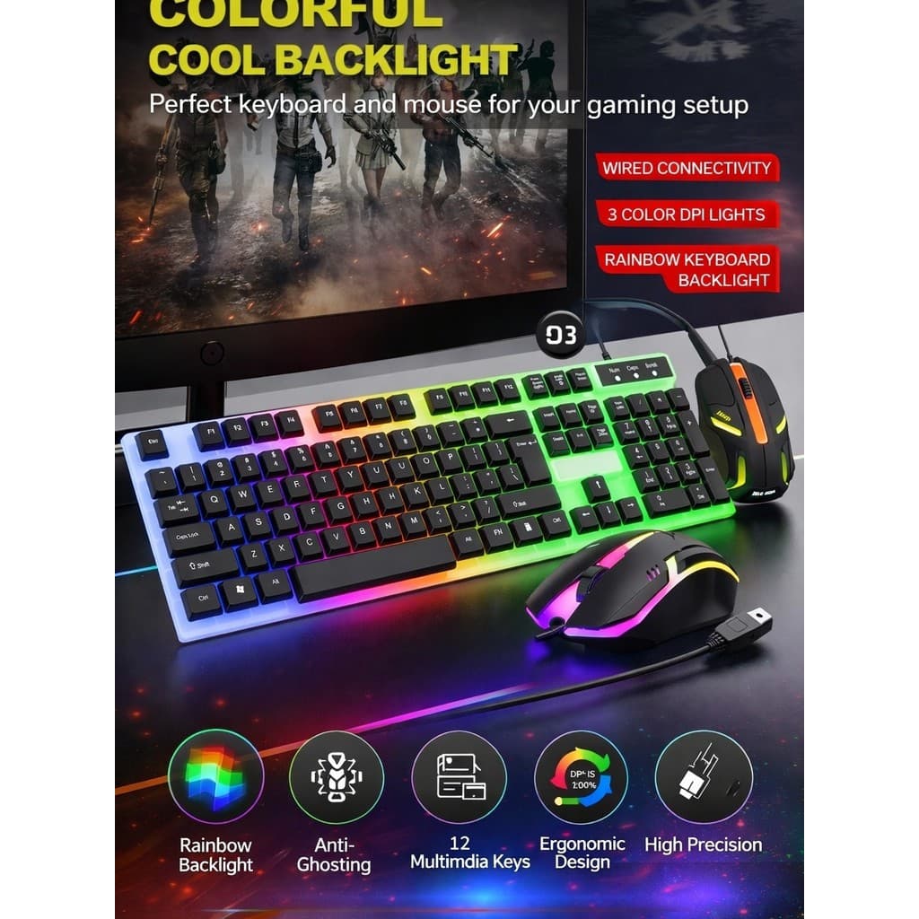Kit Gamer Teclado Semi Mecânico RGB + Mouse 3200 DPI LED USB – PC e Notebook Jogos e Trabalho