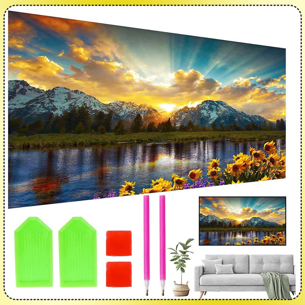 Lago ao pôr do sol 70 x 40 cm Pintura com diamantes redondos 5D DIY Pintura com diamantes