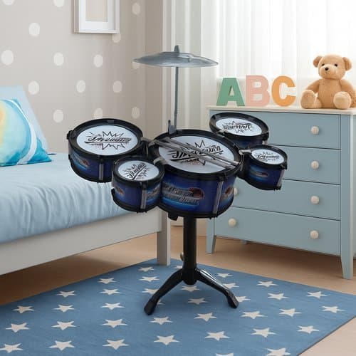 Mini Bateria Brinquedo Infantil Musical com 5 Tambores, Prato e Baquetas Brinquedo Educativo INMETRO