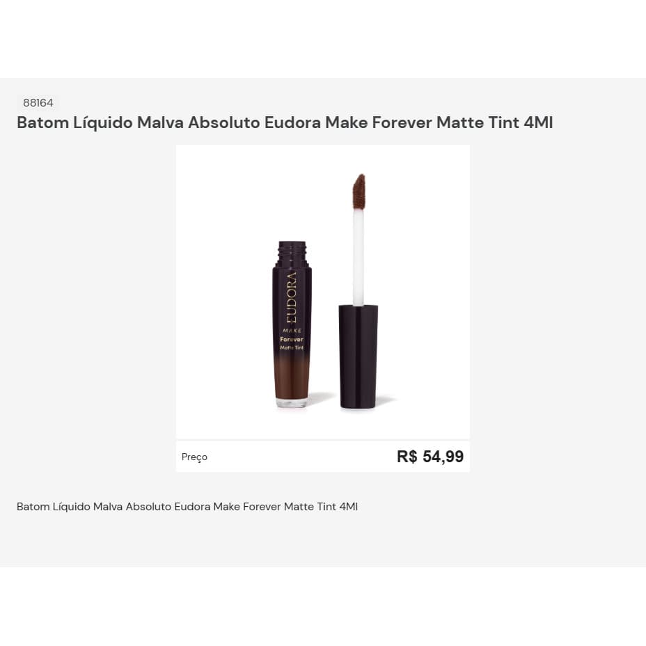 Batom Líquido Malva Absoluto Eudora Make Forever Matte Tint 4Ml