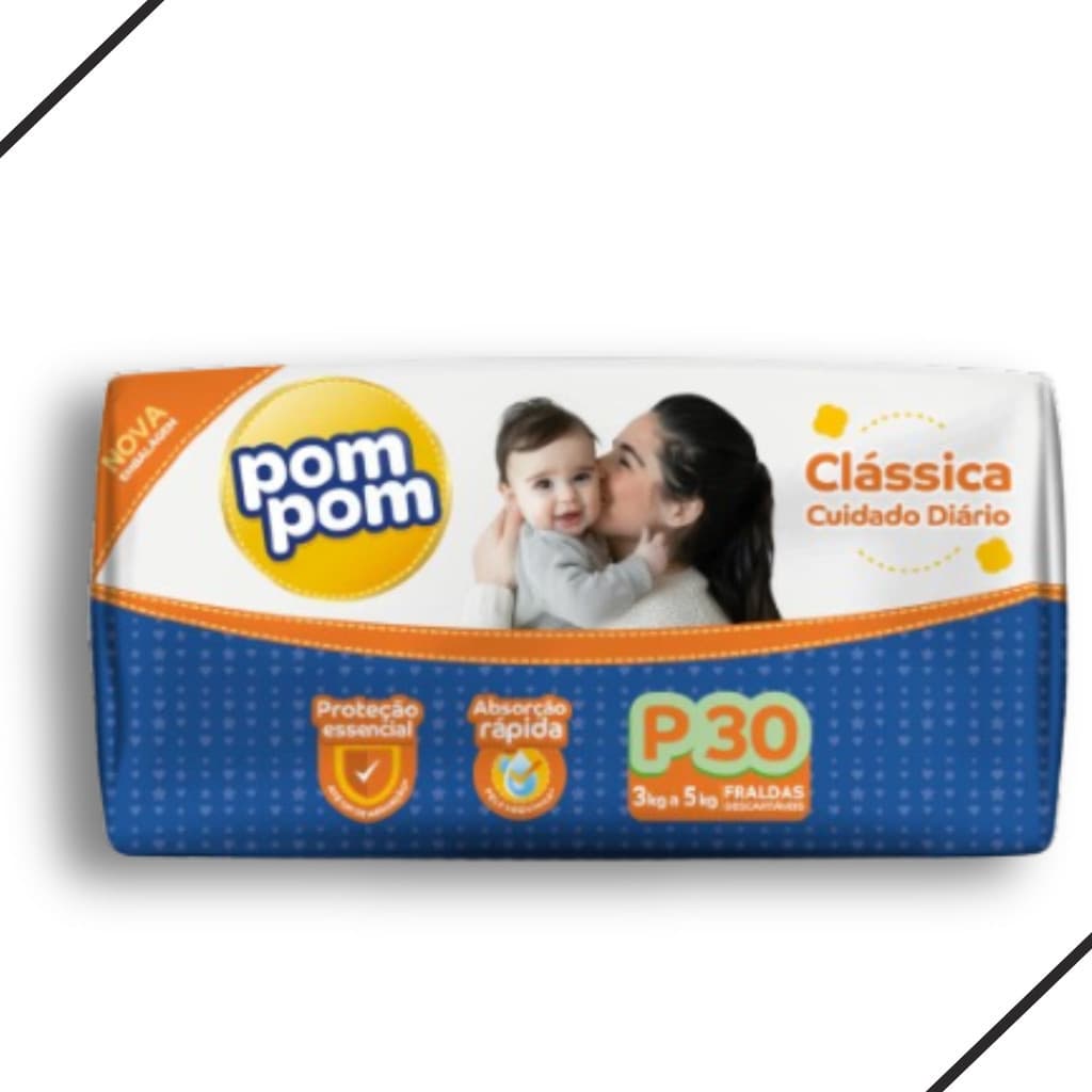 Fralda Descartável Pom Pom Clássica Tamanho P Pacote Jumbo 30 Unidades