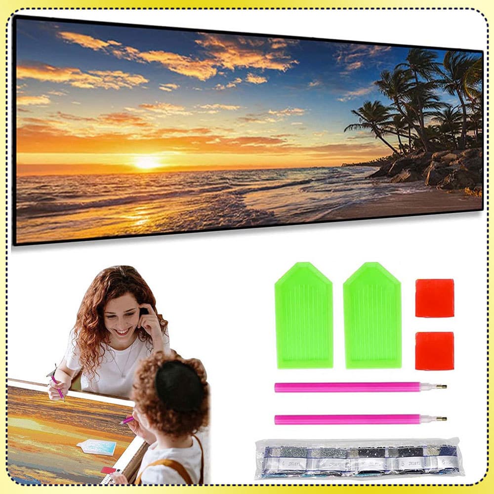 Praia e Pôr do Sol Pintura Diamante 5D DIY Pintura Diamante Redonda 120x40cm Relaxamento e Cura