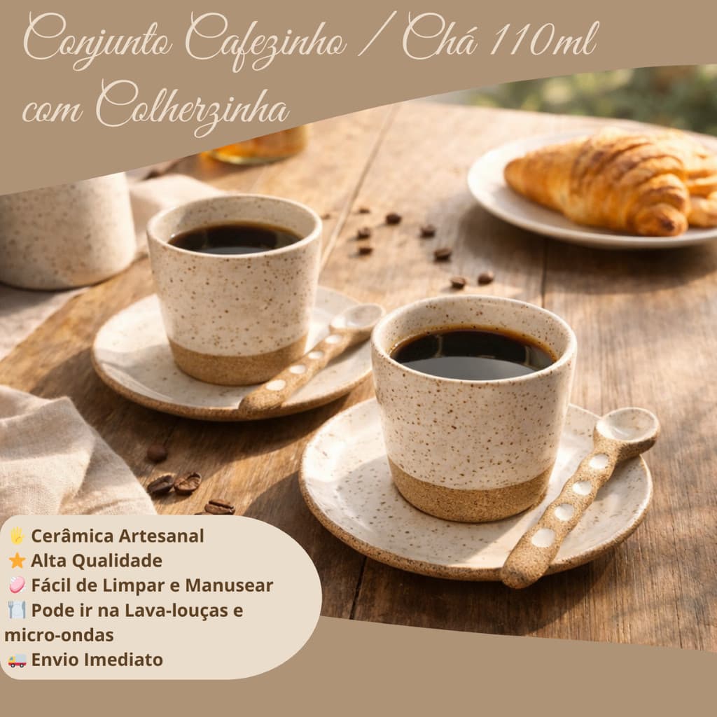 Conjunto 3pçs Cafezinho /Chá 110ml branco com Pintinhas Cerâmica Artesanal/Orgânico/Cantinho do Café