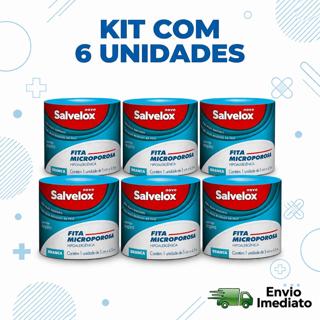 Kit 6 Unidades Fita Microporosa Salvelox 5cm x 4,5m Hipoalergênica Branca Curativo Fixação