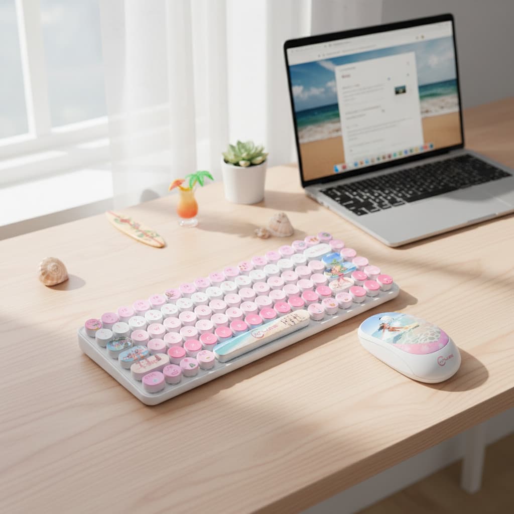 Kit Teclado Mouse Sem Fio Rosa Estilo Fofo Teclas Redondas Perfeito para Mesa de Trabalho