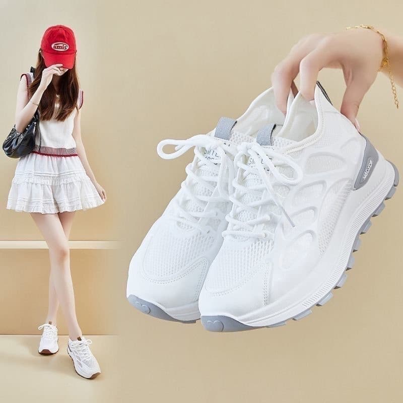 Sapatos femininos respiráveis de sola grossa com cadarço, sapatos de malha leves e macios e confortáveis