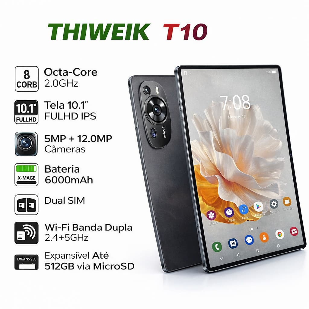 Tablet Android 10,1 Polegadas 512GB Memória 12GB RAM T10 4G Wi-Fi Octa-Core + Teclado e Mouse