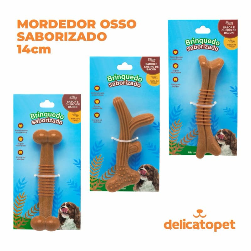 Brinquedo Interativo Osso Mordedor Cachorro Sabor Bacon Maciço e Resistente de Fibra