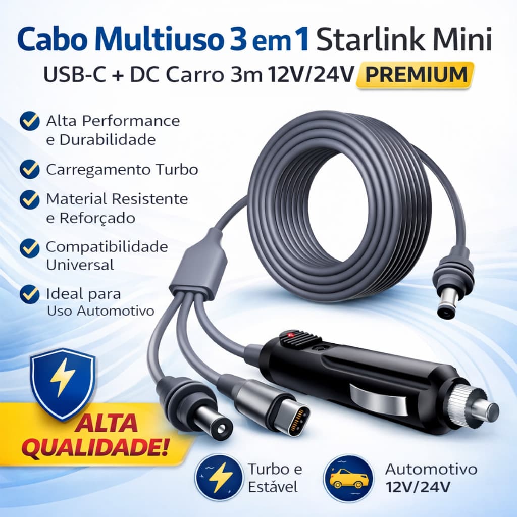 Carregador Cabo Veicular Starlink Mini USB-C 3 em 1 Plug DC 12V/24V 3 Metros Universal