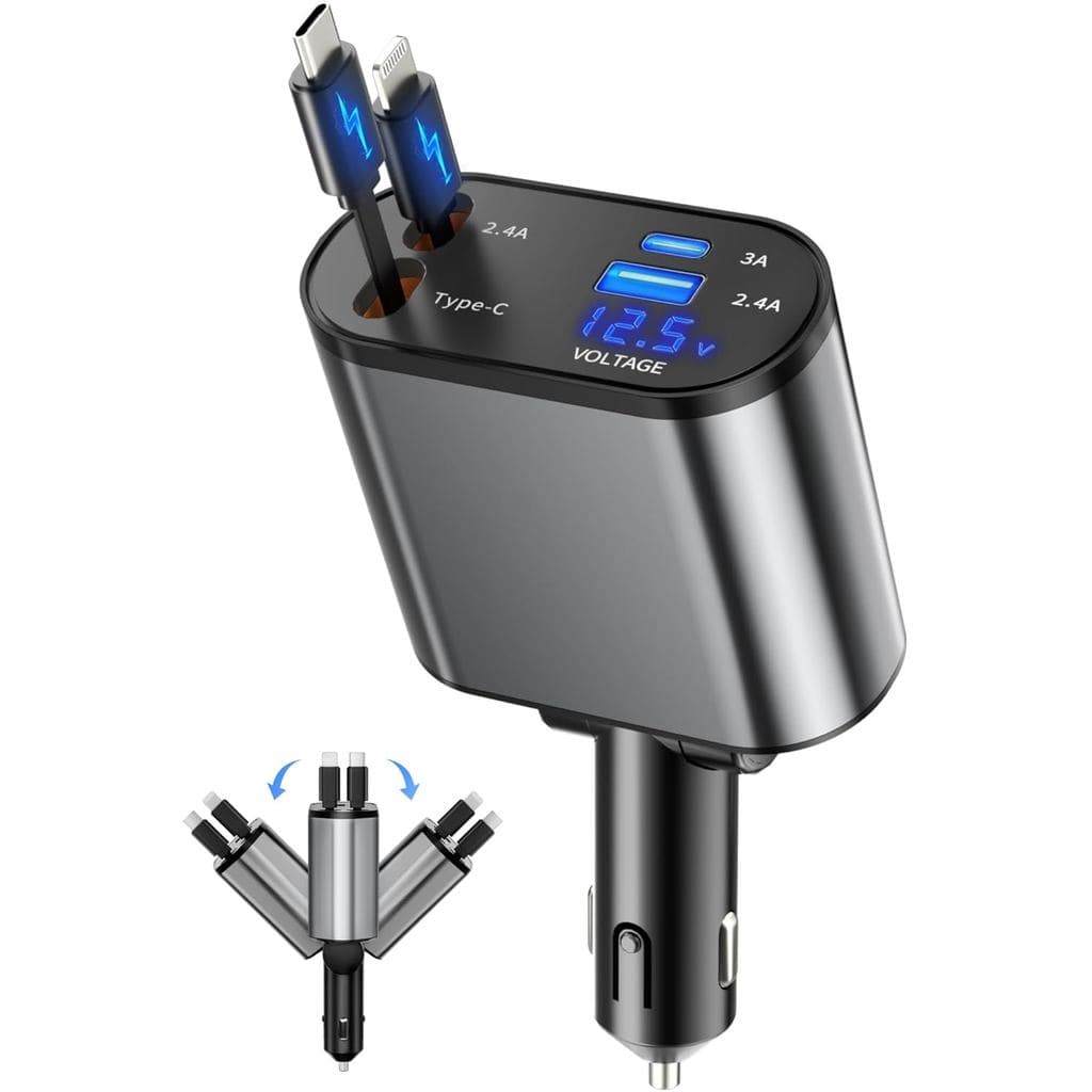 Carregador de Carro Retrátil, Carregador Rápido 4 em 1 USB-C e USB-A Compatível com iPhone 17/16/15/14/13/12/11, Galaxy,