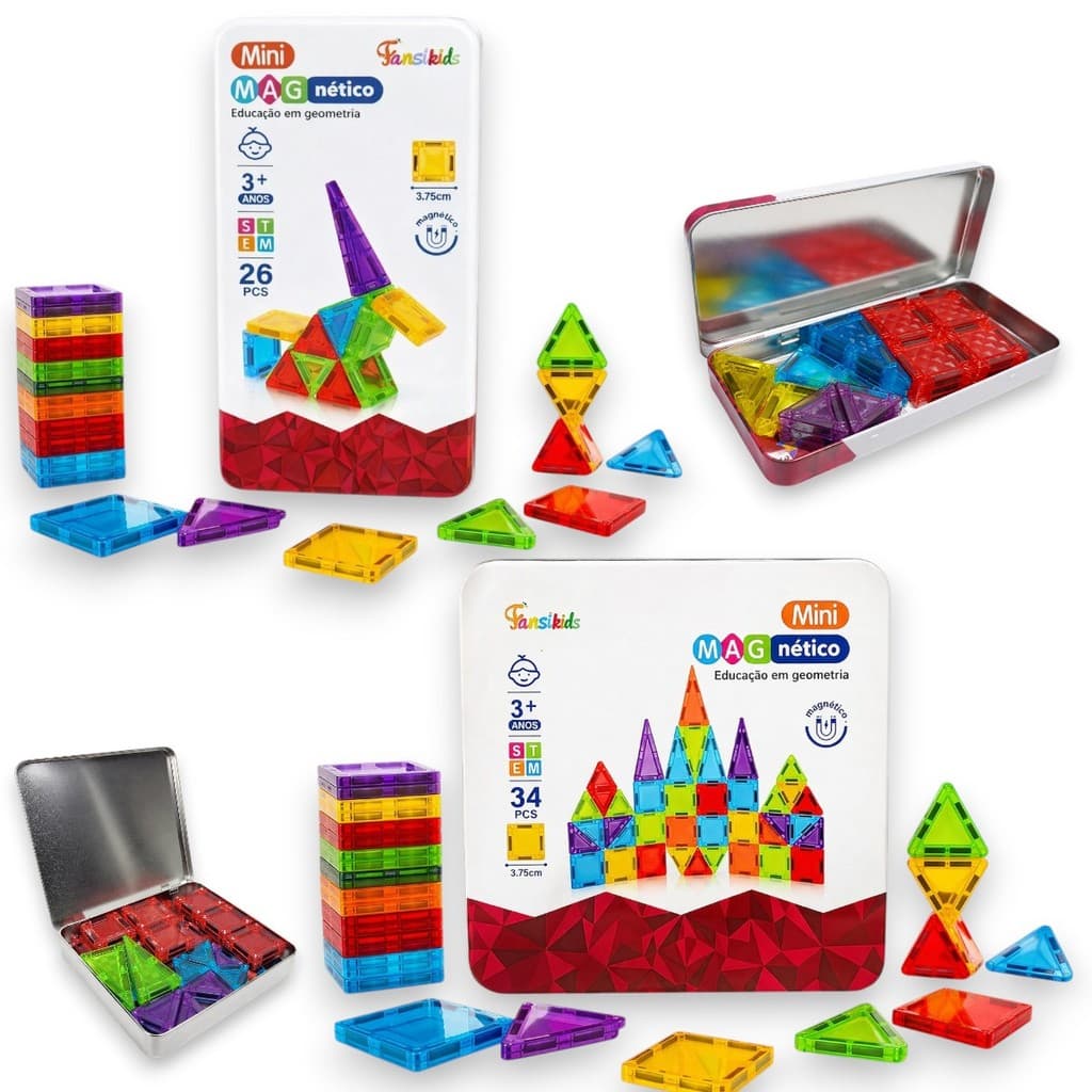 Brinquedo Bloco Magnético de Construção com Imã Estojo Metal Educativo Bloquinhos de Montar que Grudam 26 pçs / 34 pçs