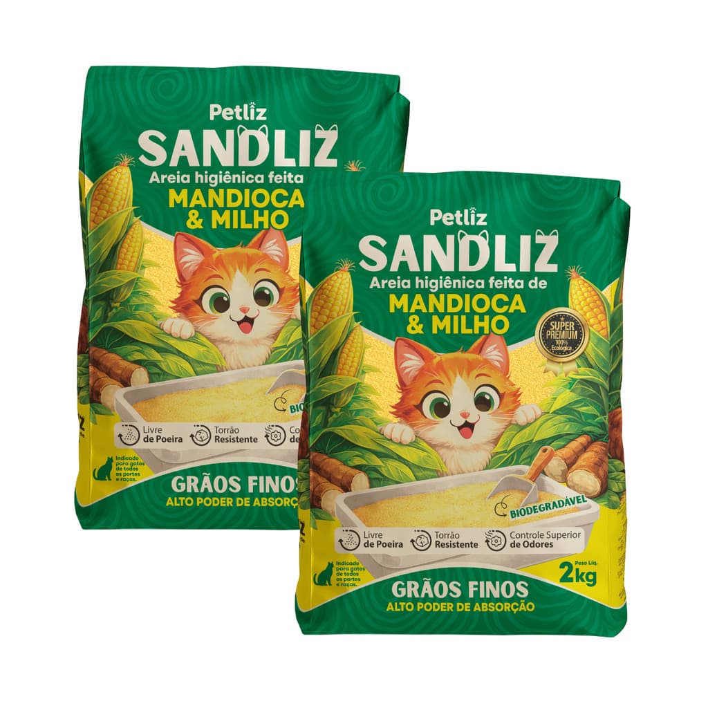 Kit 2 Areia Sanitária Higiênica Natural Premium Fina de Milho e Mandioca Gatos Sandliz Petliz 2 kg