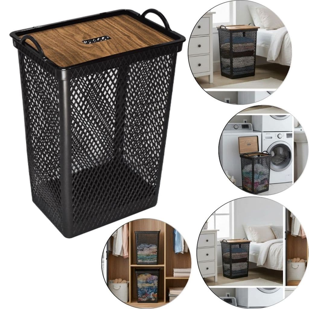 Cesto Telado Com Tampa Label Madeira 49L Arqplast Organizador Roupa Lavanderia Banheiro Closet 25986